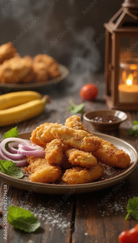 Steaming Hot Banana Fritters with Dipping Sauce on Rustic Table Steaming Hot Banana Fritters with Dipping Sauce on Rustic Table
