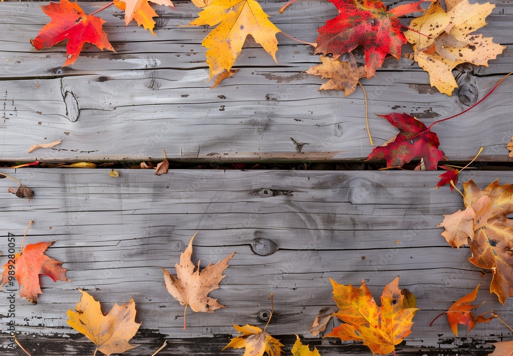 Obraz premium Autumn Leaves Scattered on Weathered Wooden Table