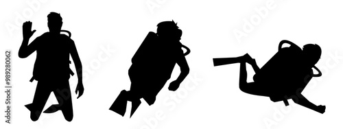 Vector set of silhouettes of scuba, diving, snorkeling, swimming, extreme sports concept. Isolated background. Vector illustration.