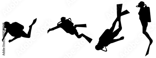 Vector set of silhouettes of scuba, diving, snorkeling, swimming, extreme sports concept. Isolated background. Vector illustration.