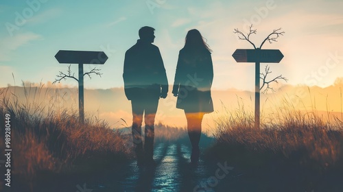 Couple parting ways at a crossroads, focus on the signs, soft muted colors, Double exposure silhouette with branching paths,