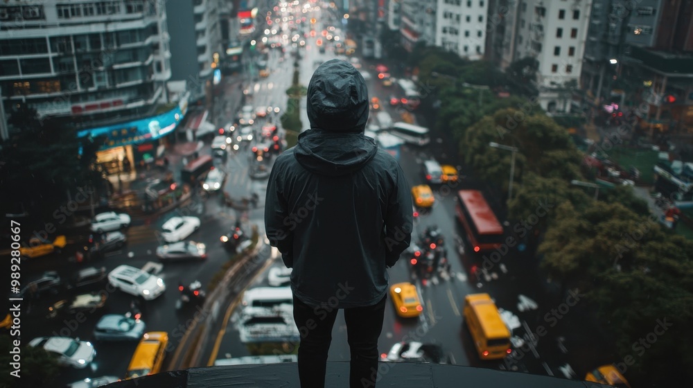 Urban Explorer Overlooking Rainy City Landscape Urban Explorer Overlooking Rainy City Landscape