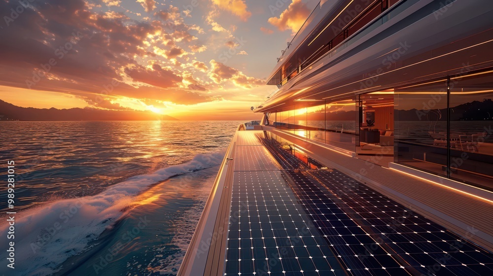 Obraz premium A luxurious yacht gliding through serene waters at sunset, showcasing sleek design and eco-friendly solar panels.