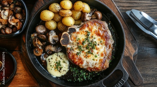 A delicious meal of crispy pork chop, pan-fried mushrooms, melted cheese, and boiled potatoes served on a wooden table. photo