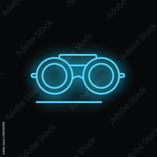 Vibrant neon blue binoculars icon is glowing against a dark background, representing concepts of exploration, discovery, and seeking new perspectives