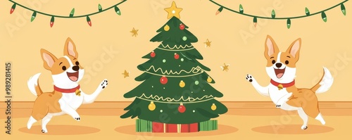 Dogs dancing around a Christmas tree, flat design, front view, cheer theme, cartoon drawing, Triadic Color Scheme