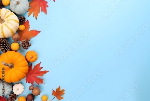 Autumn Background with Pumpkins, Acorns, and Leaves on Blue photo