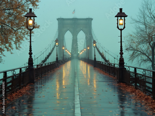 Rain Storm on brooklyn bridge, Soaking wet rainy reflective street during storm in New York City, moody artsy cinematic scene of New York City Manhattan brooklyn bridge under the snow 