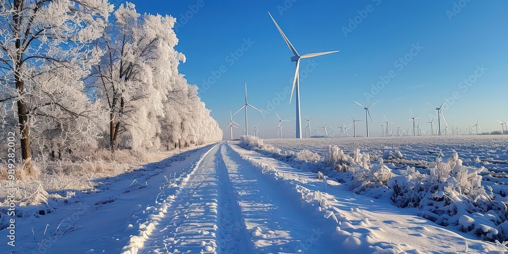 A serene winter landscape featuring snow-covered fields, frost-laden trees, and towering wind turbines under a clear blue sky. A serene winter landscape featuring snow-covered fields, frost-laden trees, and towering wind turbines under a clear blue sky.