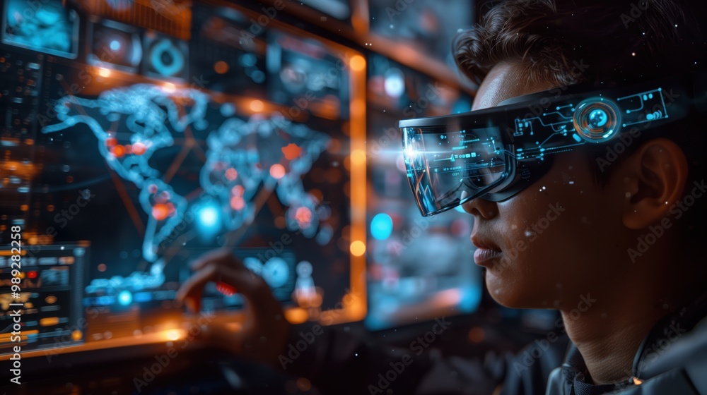 People Using VR Headsets with Futuristic Digital Holograms People Using VR Headsets with Futuristic Digital Holograms