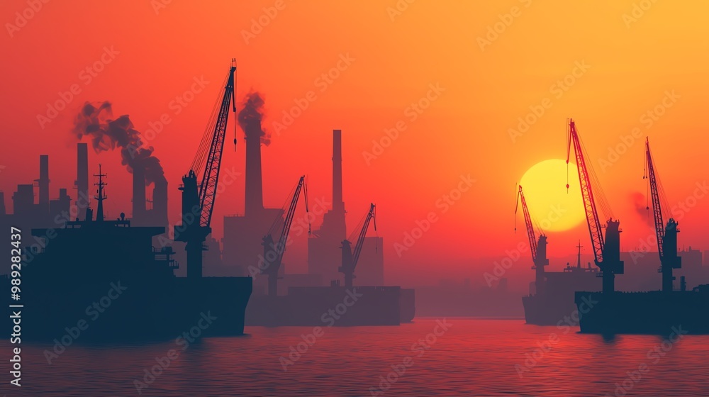 Trade ships held at bay by coastal walls, fog creeping over the water, cranes in silhouette, moody sunset lighting Trade ships held at bay by coastal walls, fog creeping over the water, cranes in silhouette, moody sunset lighting