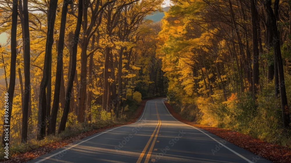 A photo of a long, winding road through a forest of tall trees with yellow and orange leaves. The road is the Blue Ridge Parkway, and it stretches through the Appalachian mountains. The forest is in f A photo of a long, winding road through a forest of tall trees with yellow and orange leaves. The road is the Blue Ridge Parkway, and it stretches through the Appalachian mountains. The forest is in f