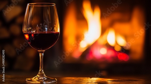 A glass of wine sits near a fireplace, with flickering flames behind it.