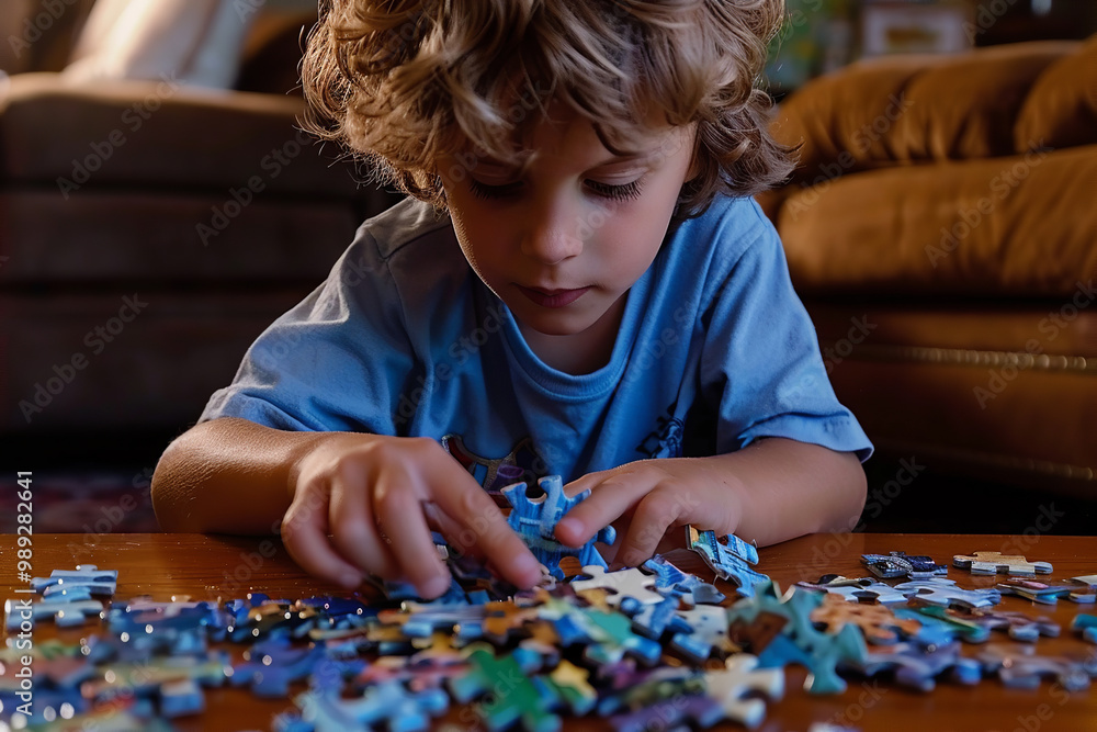 Child playing with jigsaw puzzles. Children at preschool playing with colorful shapes. Children development, education and fun. Child playing with jigsaw puzzles. Children at preschool playing with colorful shapes. Children development, education and fun.