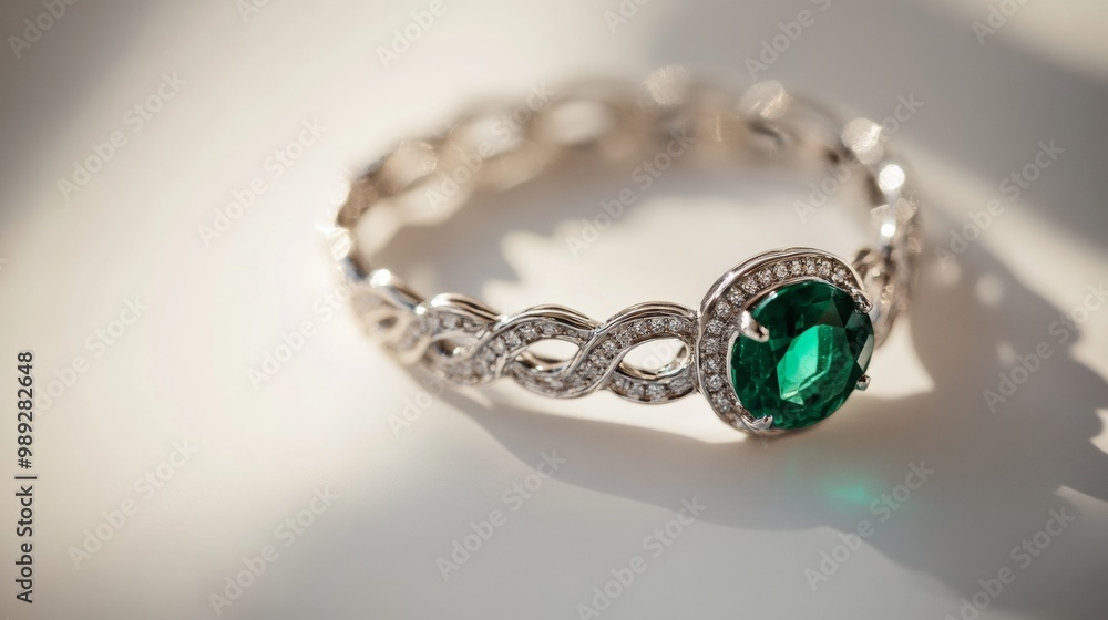 A green emerald gemstone sits on a plain white surface, set in a silver bracelet. A green emerald gemstone sits on a plain white surface, set in a silver bracelet.