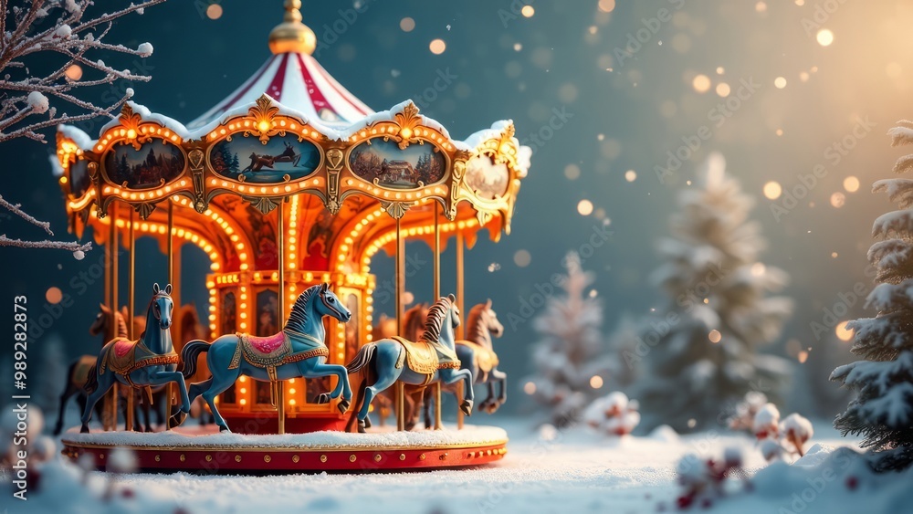 Obraz premium Christmas background with an ornate carousel, horses and snow. A postcard for the winter holiday season.