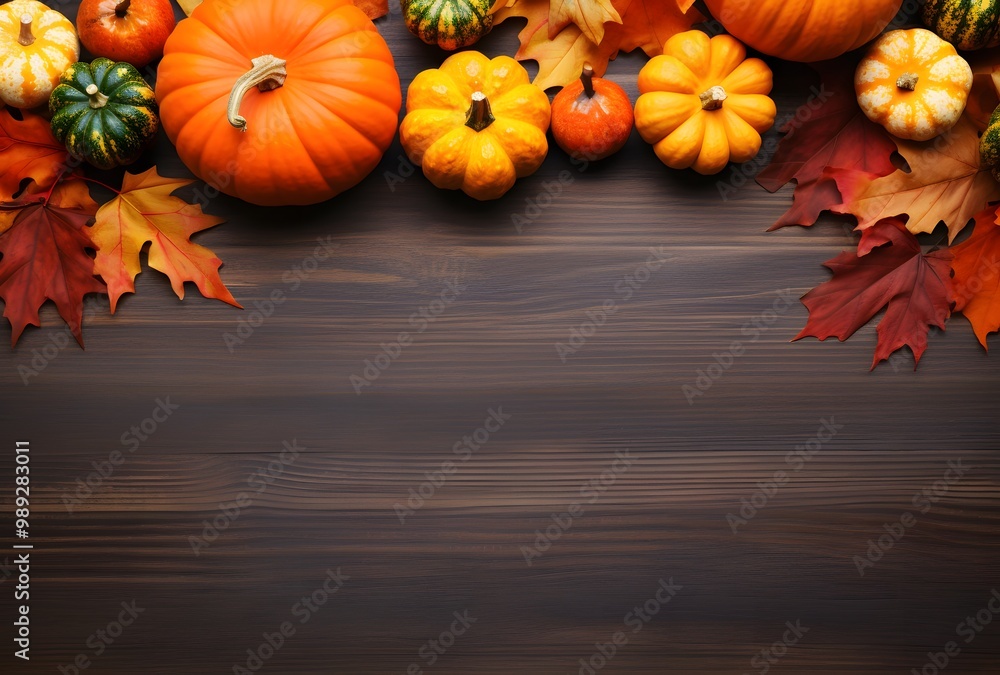 Autumn Pumpkin & Leaves on Wooden Table Background Autumn Pumpkin & Leaves on Wooden Table Background