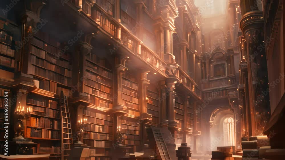 Ancient library with tall bookshelves, bathed in sunlight from high window, An ancient library with towering bookshelves and dusty tomes Ancient library with tall bookshelves, bathed in sunlight from high window, An ancient library with towering bookshelves and dusty tomes