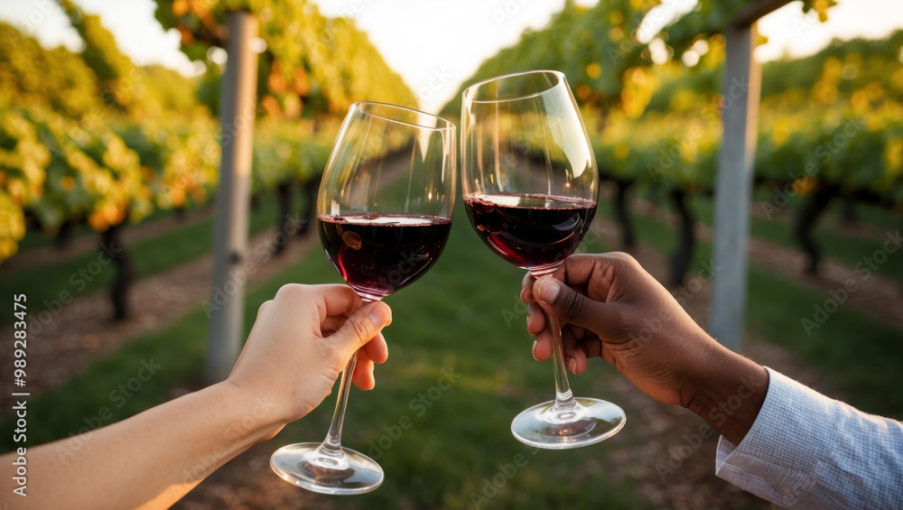 Toasting red wine glasses in vineyard setting Toasting red wine glasses in vineyard setting