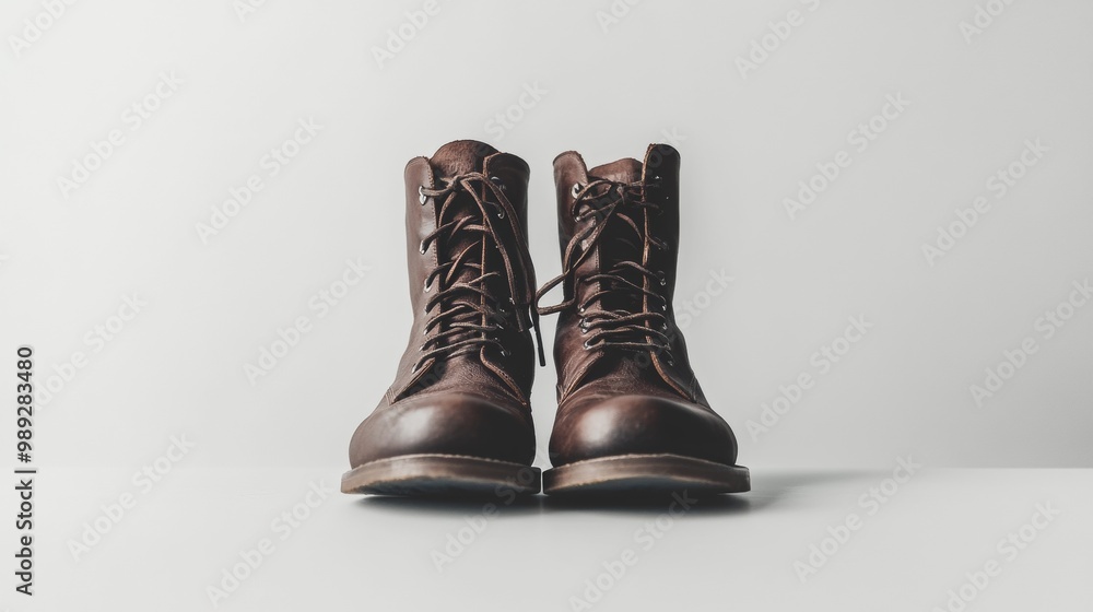 A pair of dark brown leather boots stand out against a plain white backdrop. A pair of dark brown leather boots stand out against a plain white backdrop.