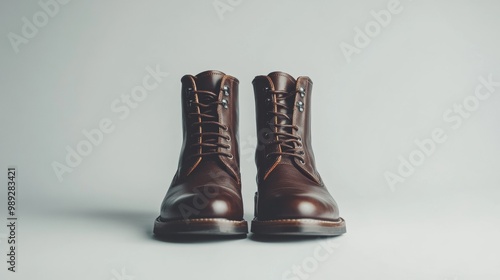 A pair of dark brown leather boots stand out against a plain white backdrop.