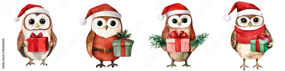 Cheerful owls in Santa hats with colorful gifts, isolated on white background. Cheerful owls in Santa hats with colorful gifts, isolated on white background.