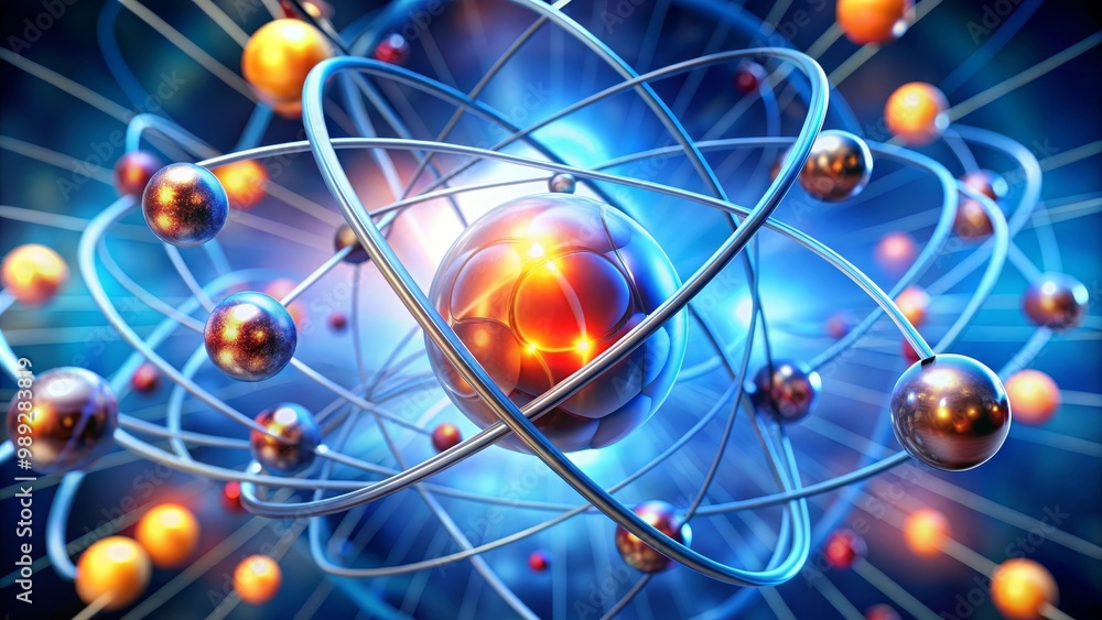 Electrons are orbiting around the nucleus of an atom, on a blue background Electrons are orbiting around the nucleus of an atom, on a blue background