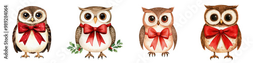 Cute owl illustrations wearing festive bows, perfect for holiday designs on a white isolated background. photo