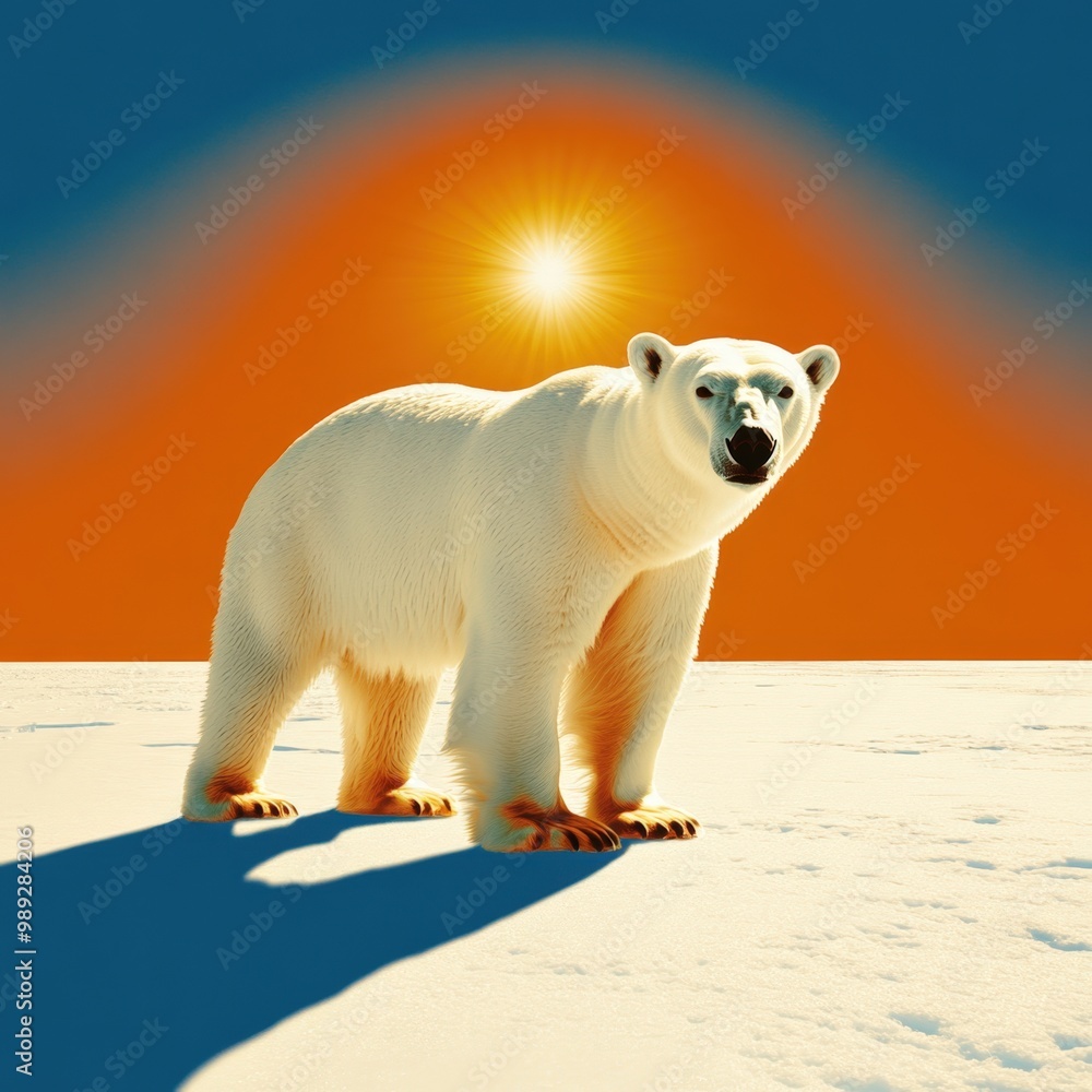 A majestic polar bear stands under the vivid sunset in a frozen Arctic landscape A majestic polar bear stands under the vivid sunset in a frozen Arctic landscape