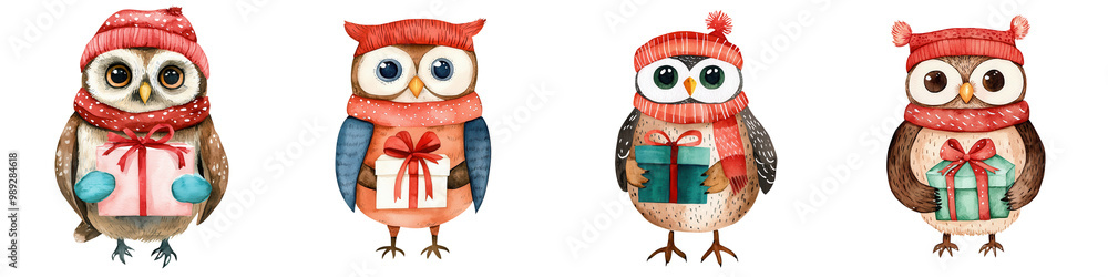 Obraz premium Four cute owls in winter attire, isolated on white background.