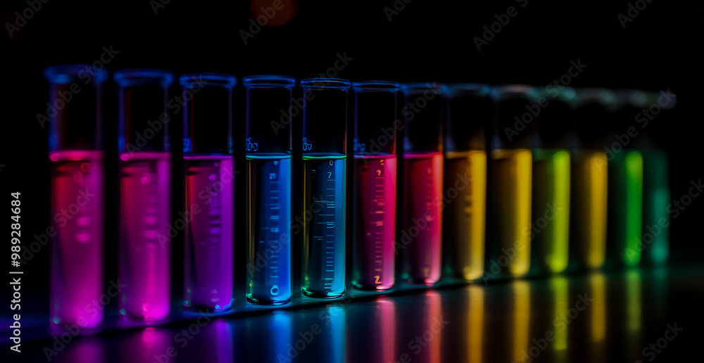 A row of test tubes with glowing, colorful liquid against a black background symbolizes innovation in biotech research. A row of test tubes with glowing, colorful liquid against a black background symbolizes innovation in biotech research.