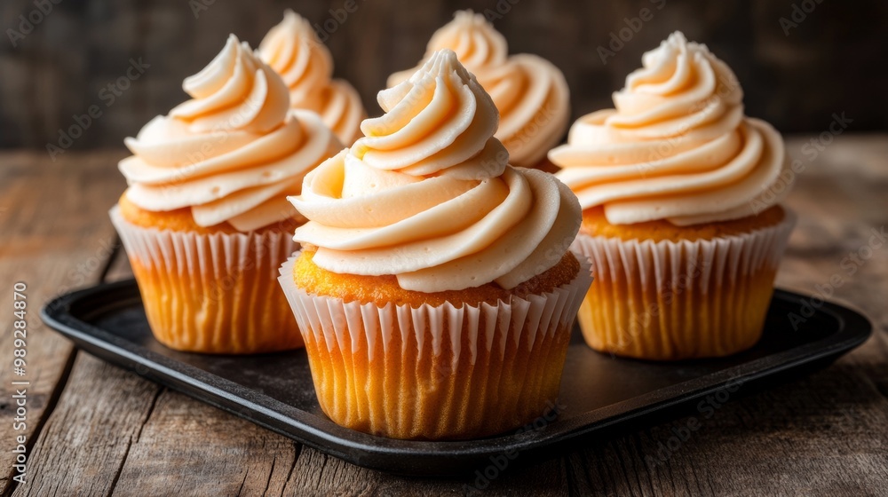 A row of yummy cupcakes with swirls of orange and vanilla bean frosting sits on a black tray, resting on a wooden table. A row of yummy cupcakes with swirls of orange and vanilla bean frosting sits on a black tray, resting on a wooden table.