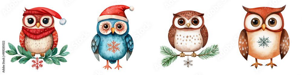 Four festive owls in holiday attire, surrounded by green leaves on a white isolated background. Four festive owls in holiday attire, surrounded by green leaves on a white isolated background.