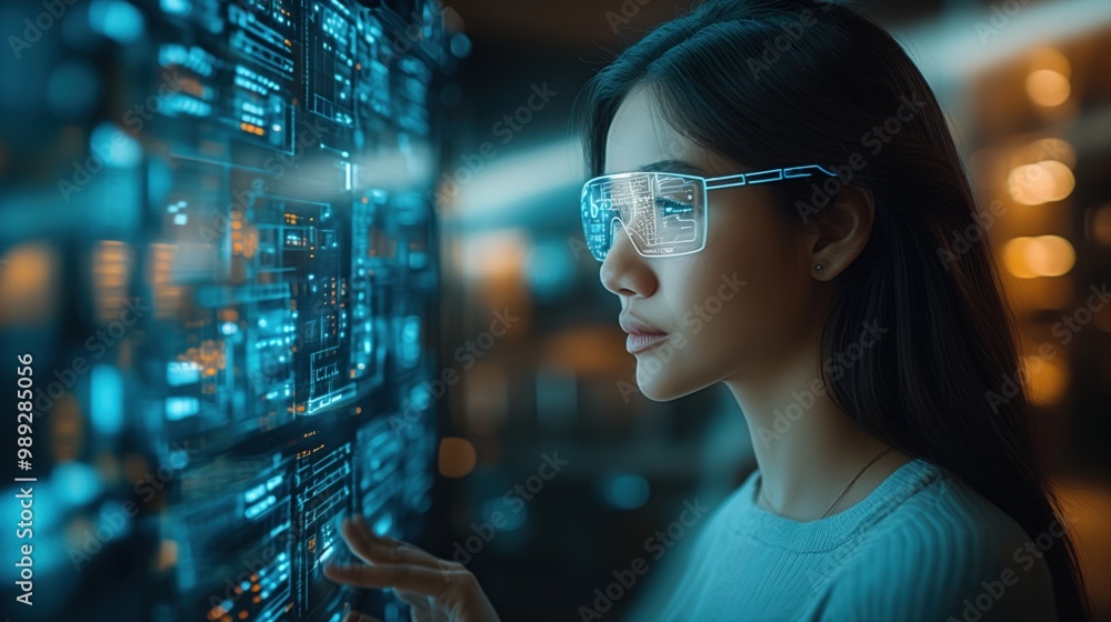 Naklejka premium People Using VR Headsets with Futuristic Digital Holograms