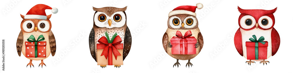 Fototapeta premium Four festive owls wearing Santa hats and holding gift boxes on a white isolated background.