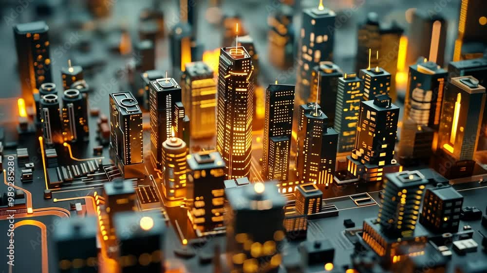 A vibrant view of a futuristic cityscape lit up at night surrounded by glowing circuitry A vibrant view of a futuristic cityscape lit up at night surrounded by glowing circuitry