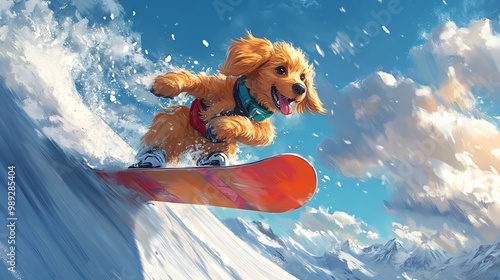 Cartoon dog snowboarding in a halfpipe, midtrick, vibrant snow and sky backdrop photo