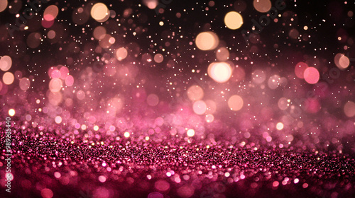 Abstract bokeh of red, pink, and purple gold glow particles on a dark background with copy space, creating a mesmerizing and dreamy visual effect