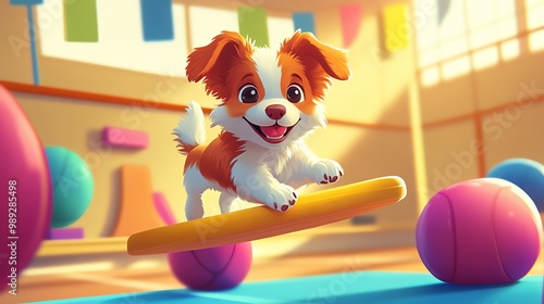 Dog doing gymnastics on a balance beam, midflip, colorful cartoon gym setting photo