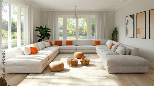 Bright and airy modern living room interior with a large comfortable sectional sofa stylish home decor accessories and natural light streaming through the large windows