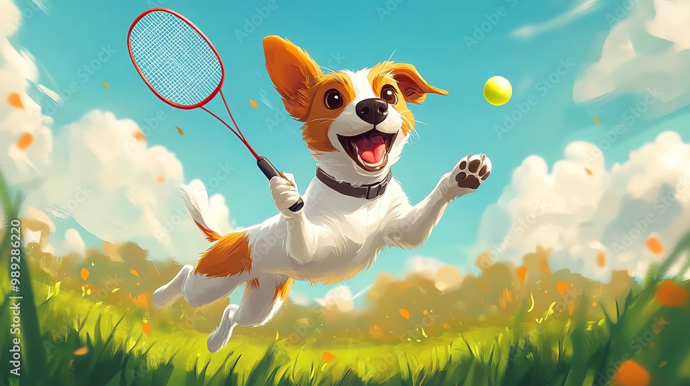 Dog playing badminton, jumping to smash the shuttlecock, energetic cartoon style Dog playing badminton, jumping to smash the shuttlecock, energetic cartoon style