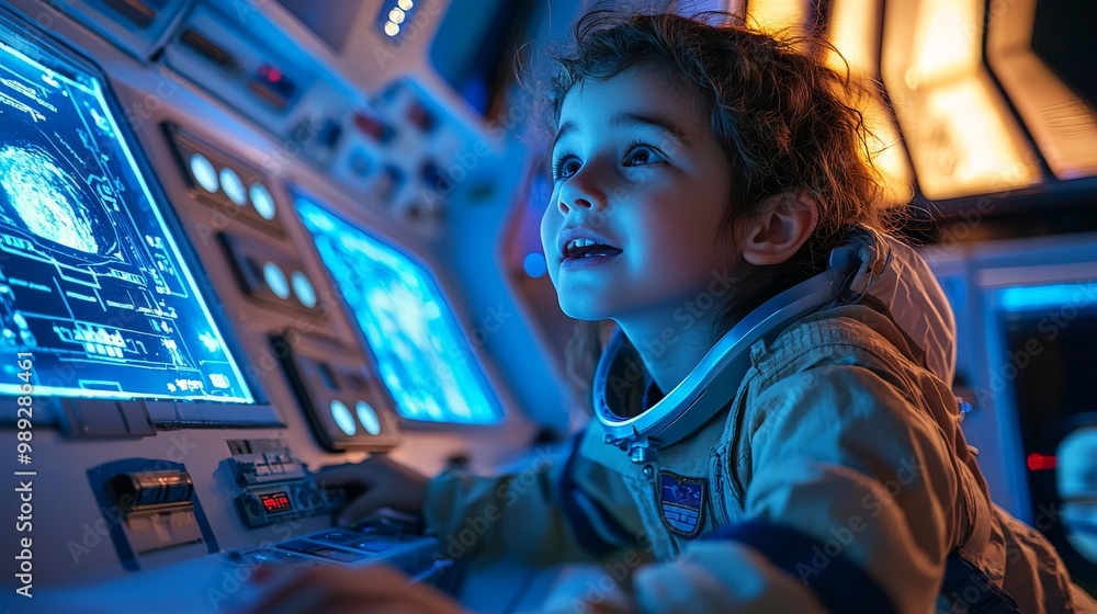 Obraz premium A child pretending to lead a tour on a pretend space vacation, describing the wonders of zero gravity,