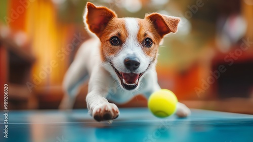 Dog playing table tennis, fastpaced action with blurred motion, colorful setting photo