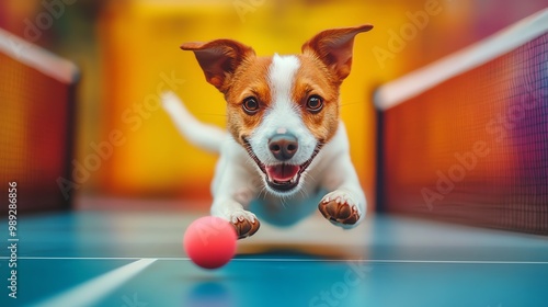 Dog playing table tennis, fastpaced action with blurred motion, colorful setting photo