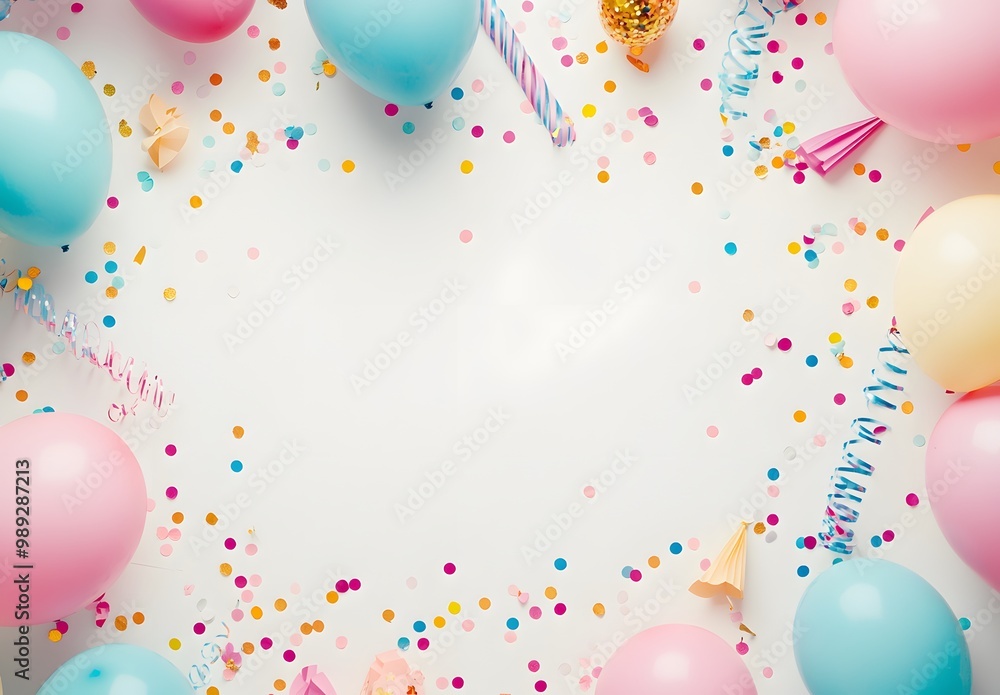 Birthday Party Decoration Frame With Balloons, Streamers And Confetti Birthday Party Decoration Frame With Balloons, Streamers And Confetti