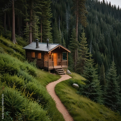 A tiny cabin on a hillside, with a winding trail leading through a forest of tall evergreens.