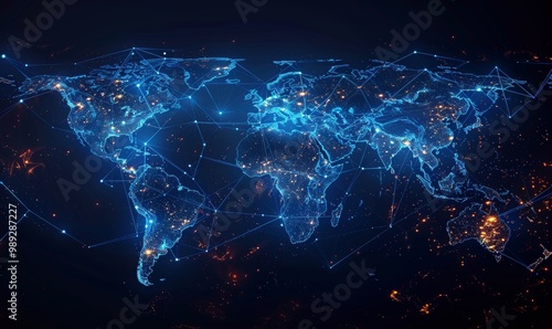 Blue global earth map with network lines. Neon glowing continents with futuristic grid and cyberspace connection lines with international information