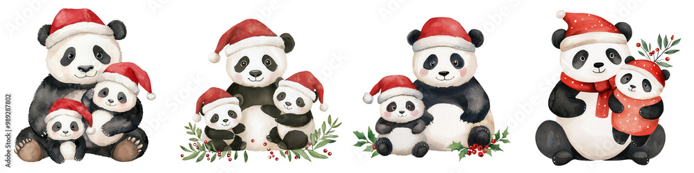 Cute pandas in Santa hats celebrating Christmas, colorful and festive, perfect for holiday-themed designs. Cute pandas in Santa hats celebrating Christmas, colorful and festive, perfect for holiday-themed designs.