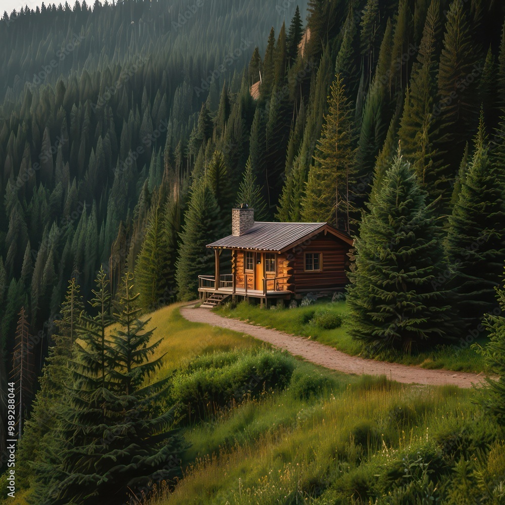 A tiny cabin on a hillside, with a winding trail leading through a forest of tall evergreens. A tiny cabin on a hillside, with a winding trail leading through a forest of tall evergreens.