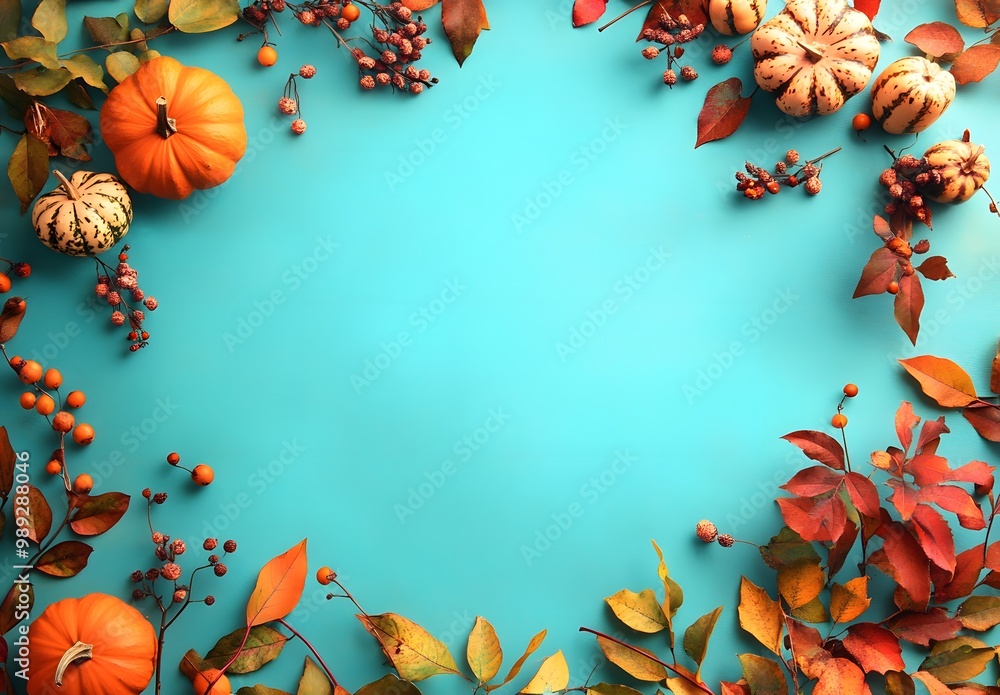 Autumn Leaves & Pumpkins on Turquoise Autumn Leaves & Pumpkins on Turquoise